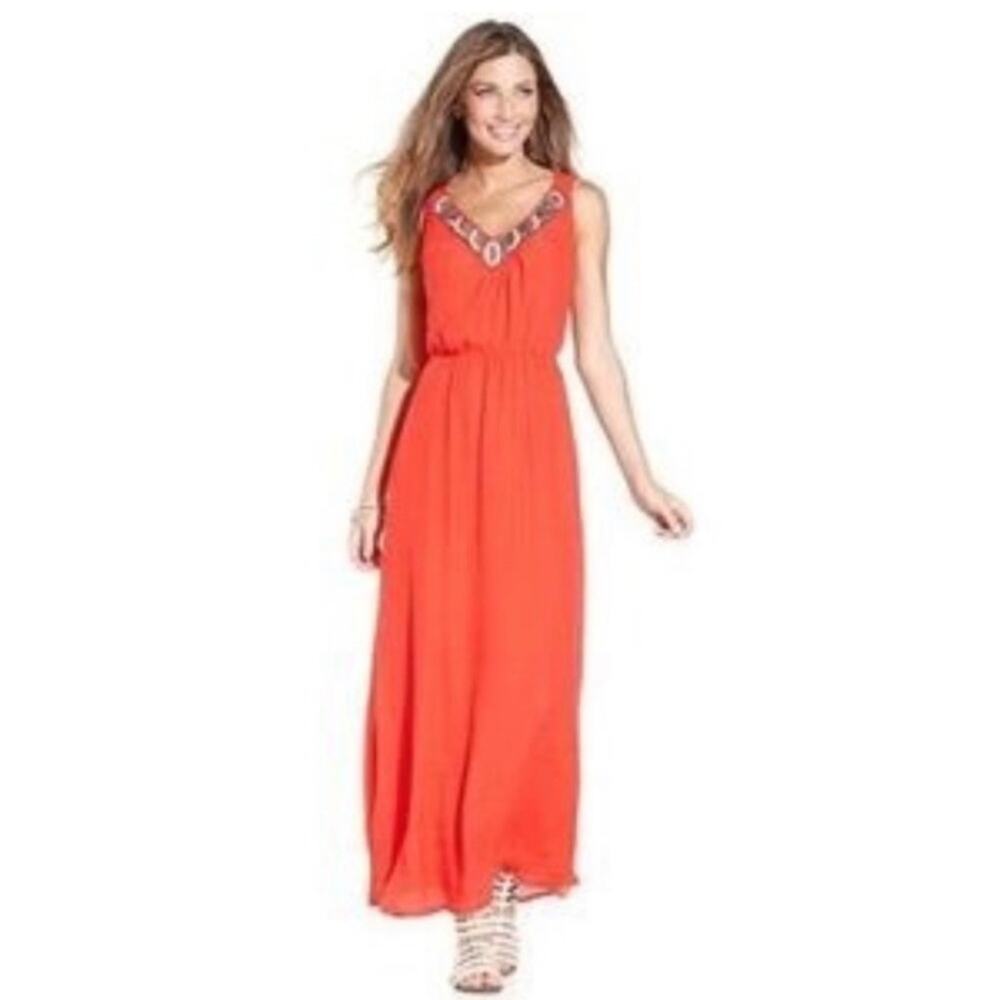 AGB Womens Orange Sleeveless Maxi Dress Size M Beaded V-Neck Elastic Waist Boho - Picture 2 of 15